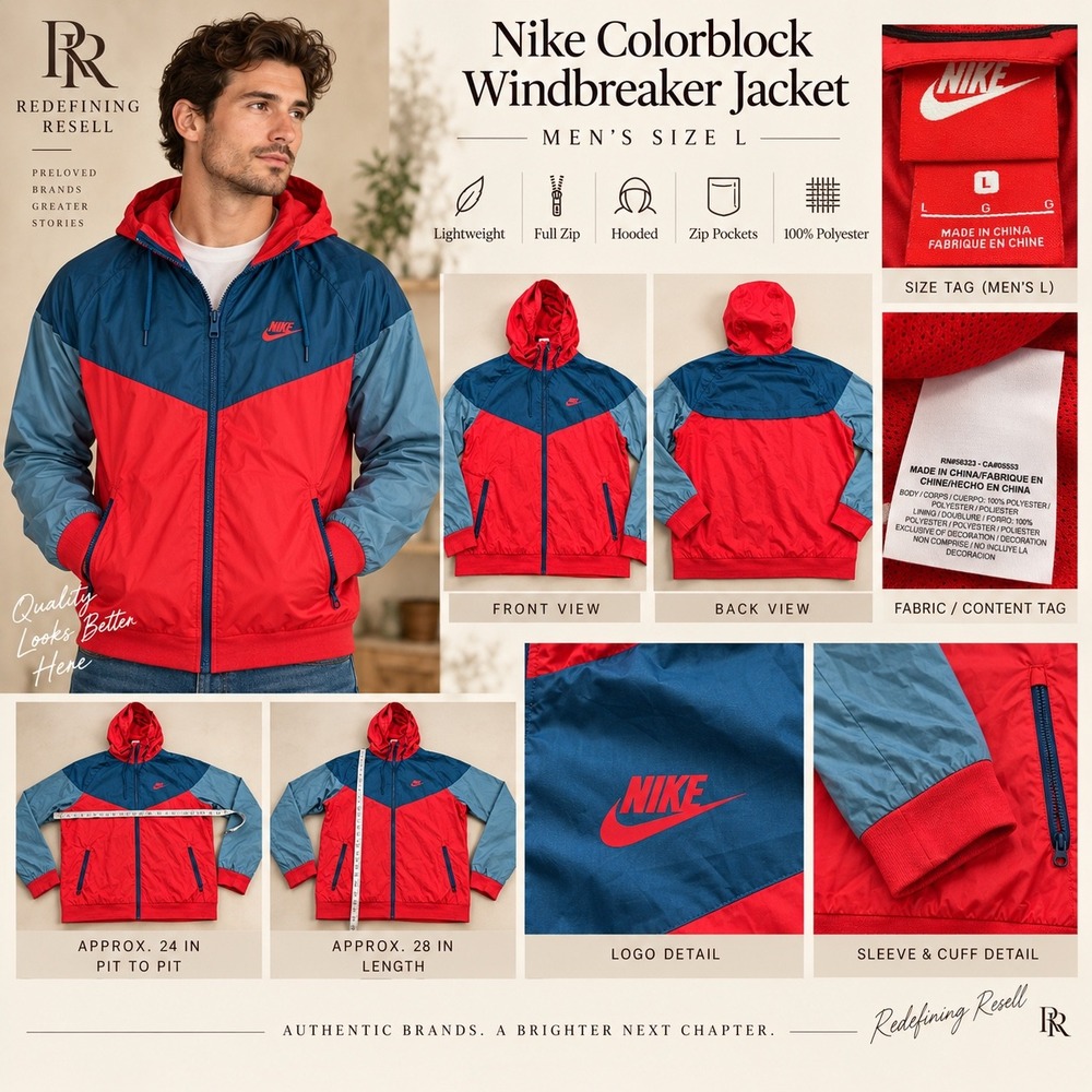 Nike Mens Colorblock Windbreaker Jacket Red Blue Hooded Full Zip Large